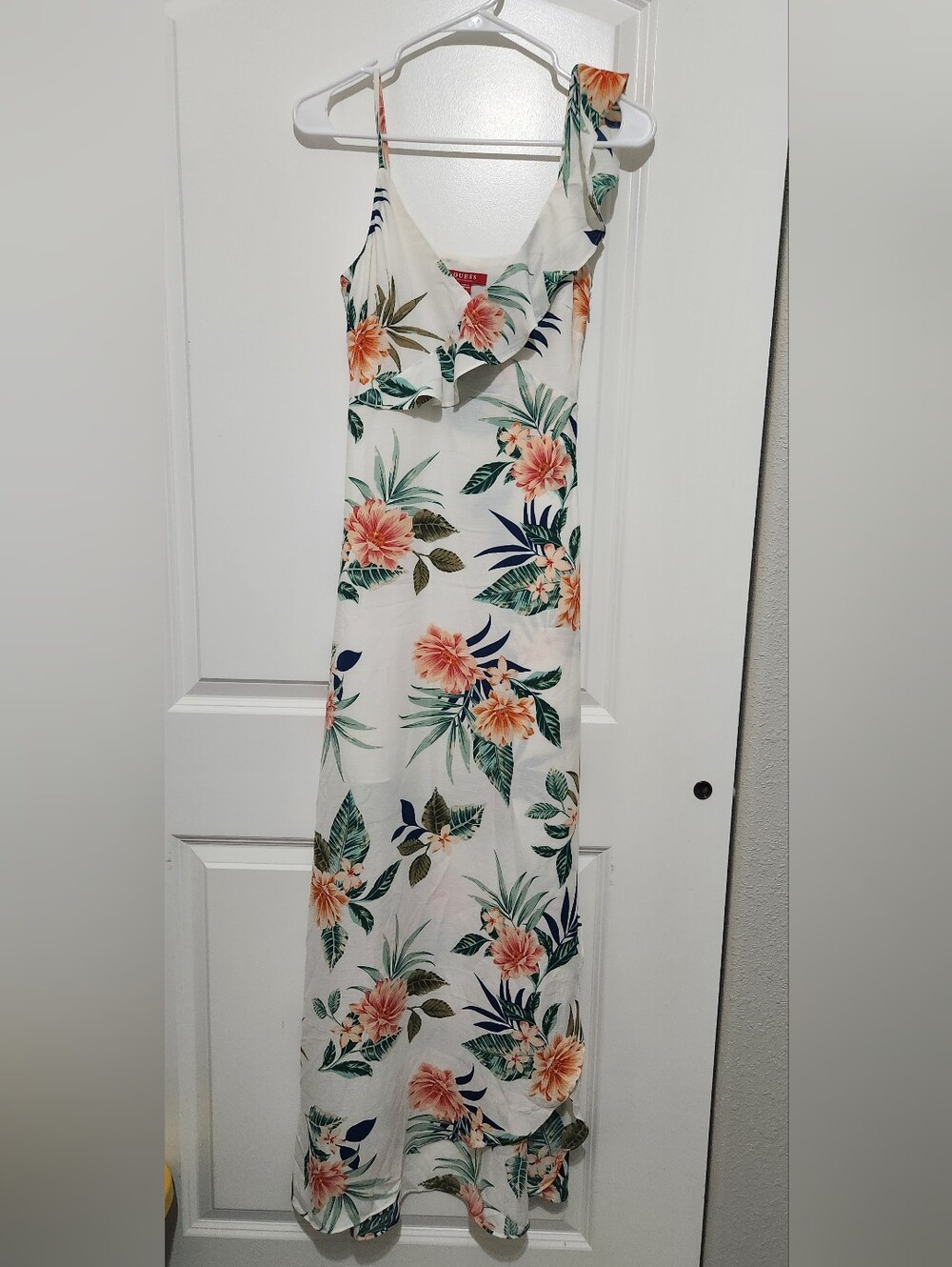 Guess Floral Ruffle Maxi Dress in White with Peach Blooms